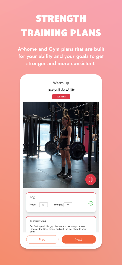 Femmi: Running Plans for Women - Femmiアプリのインターフェース。バーベルデッドリフトのエクササイズと記録機能を含む、女性向けの筋力トレーニングプランが表示されています