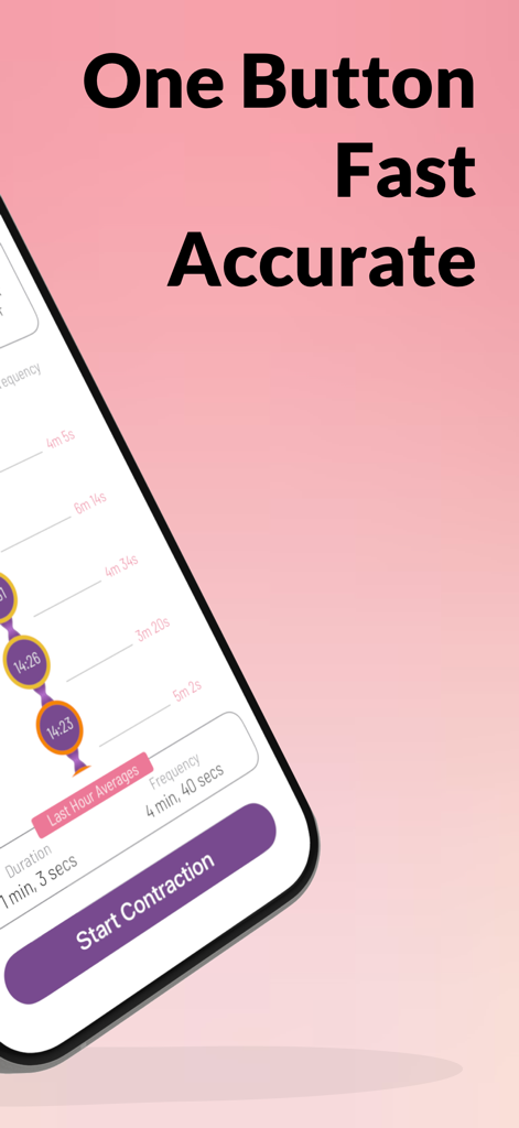 Contraction tracker app interface featuring a one-tap start button and labor history timeline