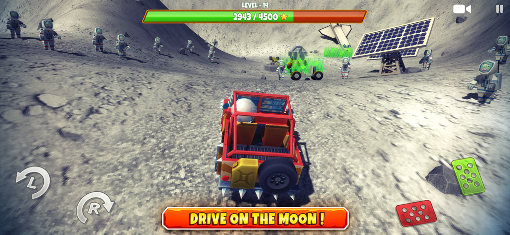 Zombie Safari - Gameplay of Zombie Safari showing a spiked red off-road vehicle driving on the moon map with astronaut zombies