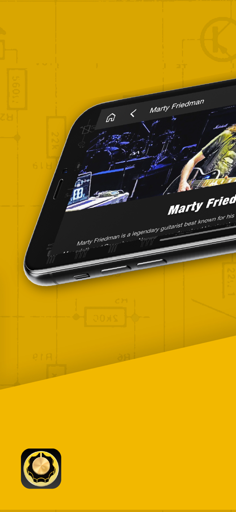 BIAS FX - Guitar Amp & Effects - Pantalla de smartphone mostrando el perfil del artista Marty Friedman en la aplicación móvil BIAS FX