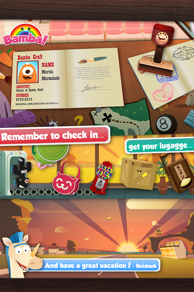 Bamba Airport - Screenshots of Bamba Airport showing passport stamping, luggage collection, and Unidonk on the runway at sunset.