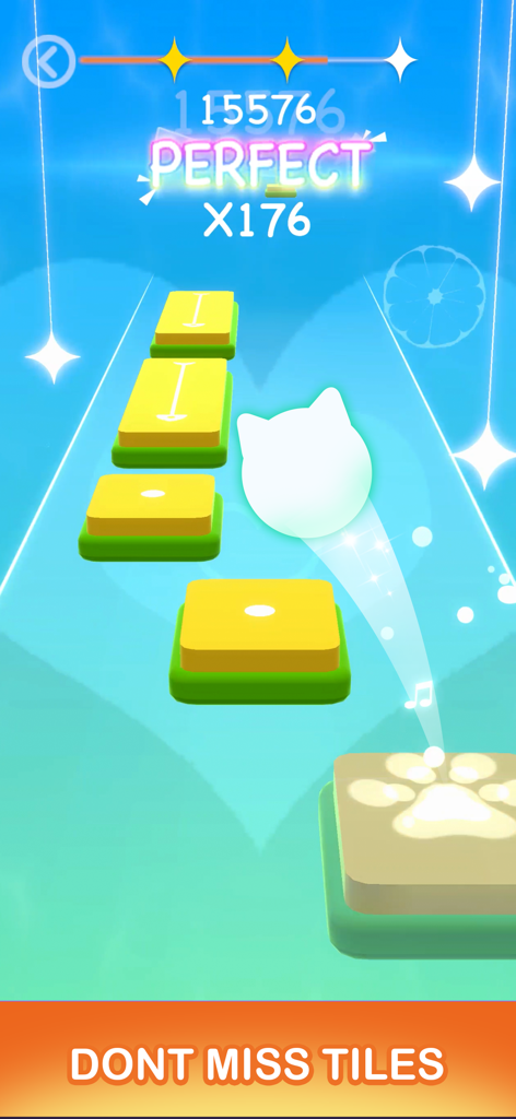 Magic Cats Rush: Music Games - Gameplay-Screenshot von Magic Cats Rush, der eine weiße Katze zeigt, die mit einem perfekten Punktemultiplikator auf Musik-Kacheln springt