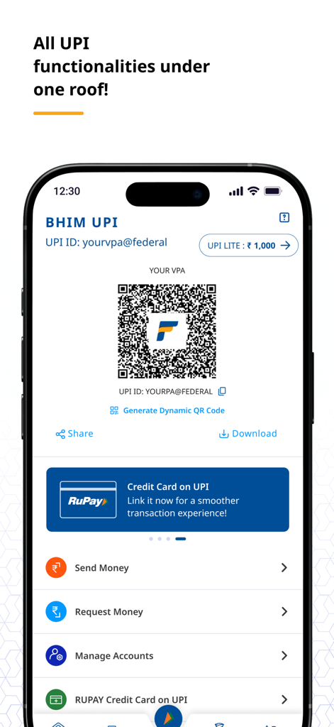 FedMobile - QRコードと取引オプションが表示されたFedMobileアプリのBHIM UPI画面