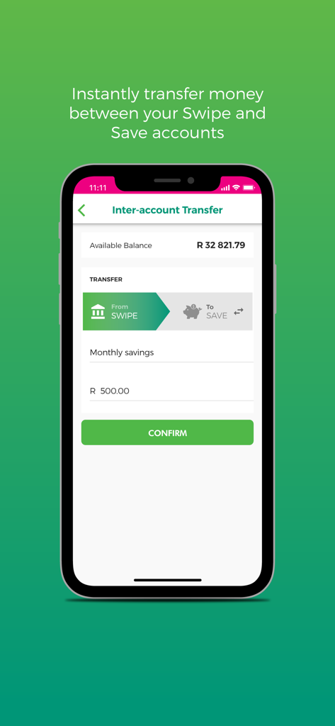 Screenshot of the OM Money Account app showing an inter-account transfer interface between Swipe and Save accounts.