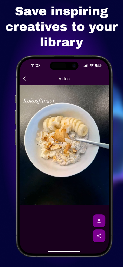 FameTop - Viral Fans Growth - A mobile screen showing the FameTop app interface with a breakfast video and buttons to save and share creatives to a library.