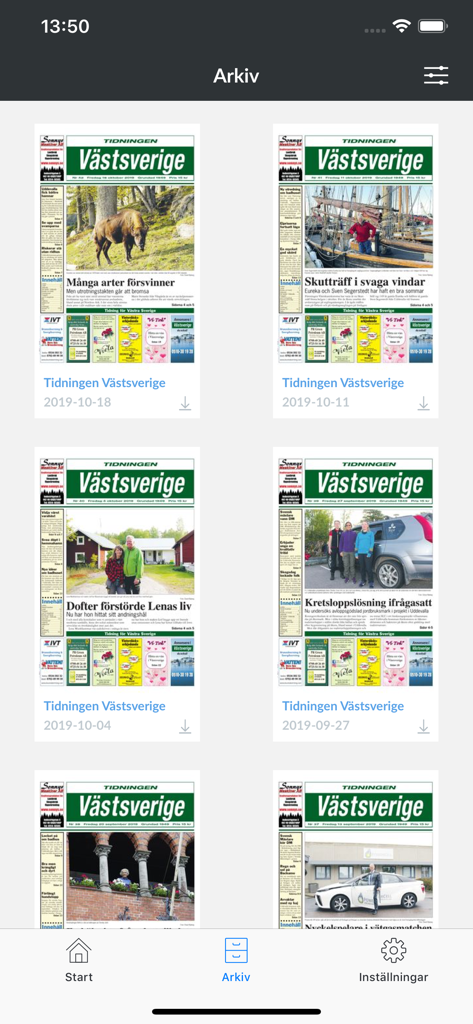 Tela de arquivo do aplicativo Tidningen Vastsverige mostrando várias edições de jornais organizadas por data