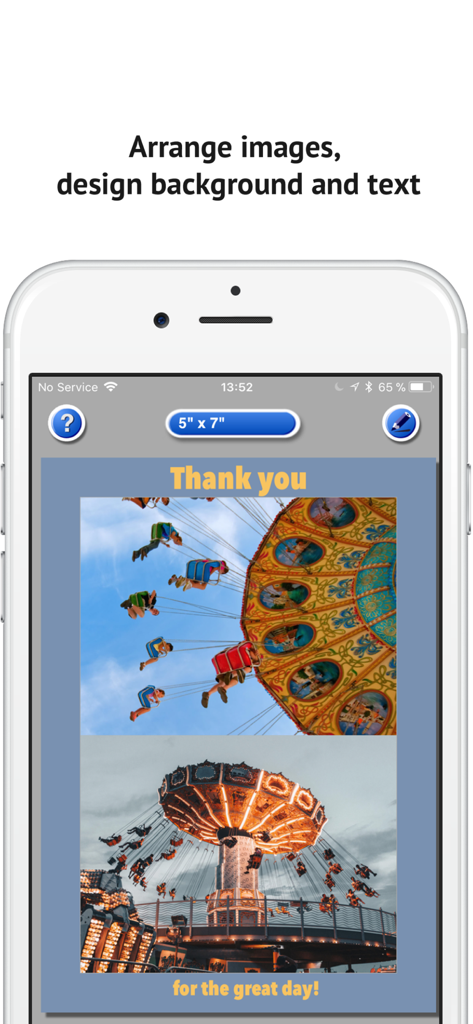PhotoPrint Pro - PhotoPrint Pro app interface showing two photos arranged on a 5x7 layout with custom background color and text labels