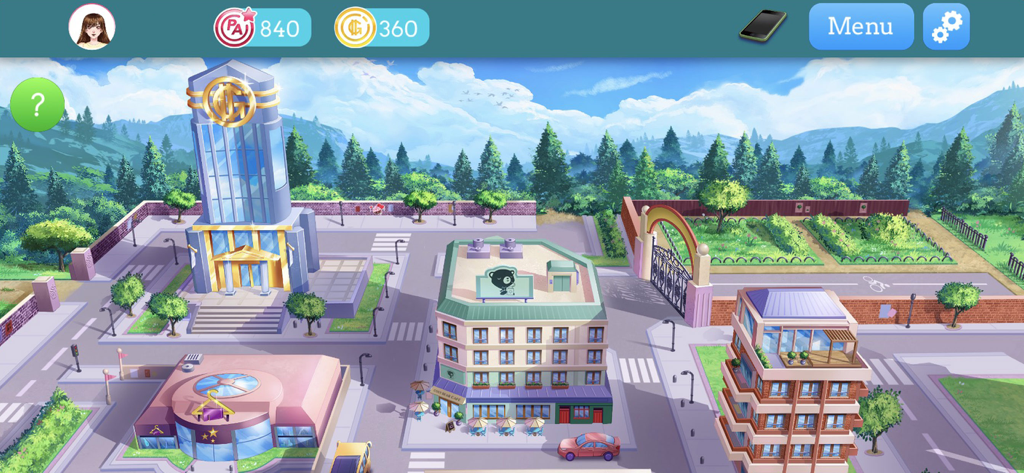 My Candy Love - Otome game - An illustrated city map view in the My Candy Love otome game showing various campus and town locations