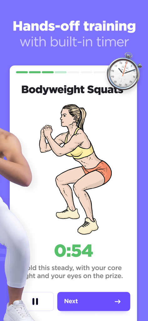 Interfaz de la aplicación Workout Builder que muestra una ilustración de sentadilla con el cuerpo y un temporizador de entrenamiento incorporado