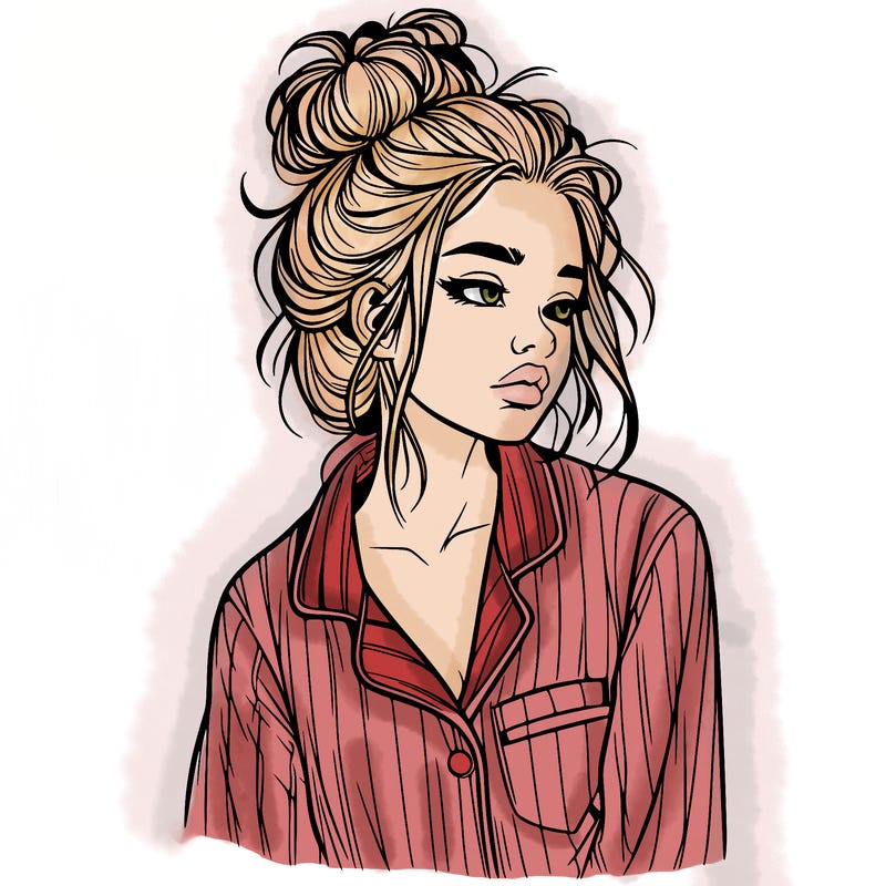realistic woman with pajamas on and a messy bun