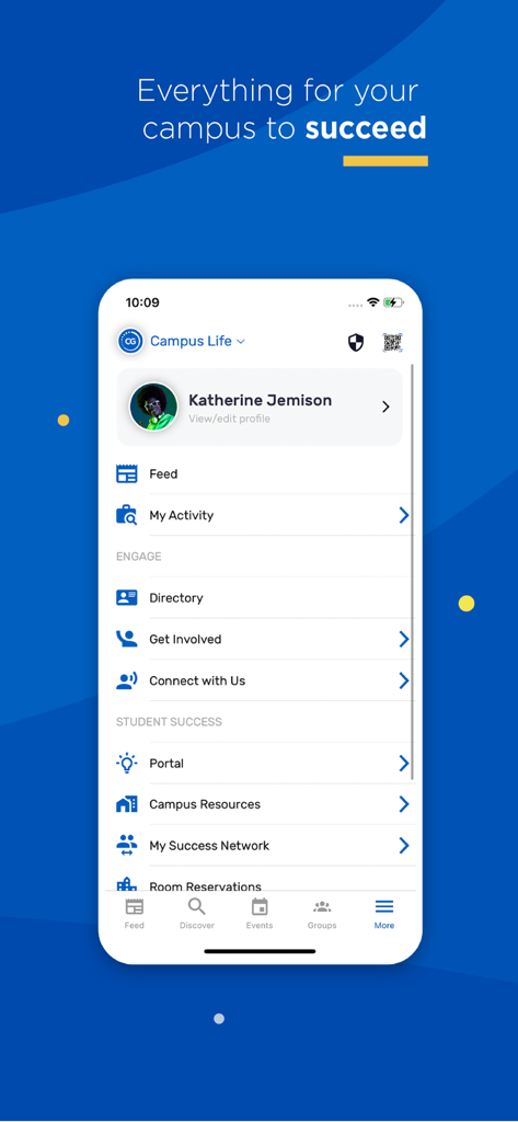 CampusGroups - CampusGroupsアプリ。学生プロフィールと、キャンパスライフおよびリソースのナビゲーションメニューが表示されます。
