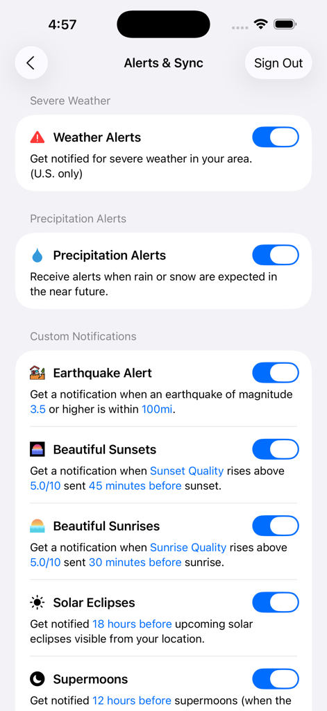 Forecast Bar app settings screen showing toggles for severe weather precipitation earthquake and astronomical alerts