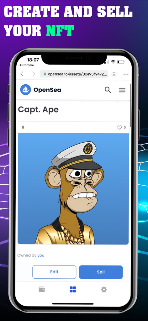 Smartphone screen showing a Bored Ape style NFT listed on OpenSea marketplace within the NFT Maker app