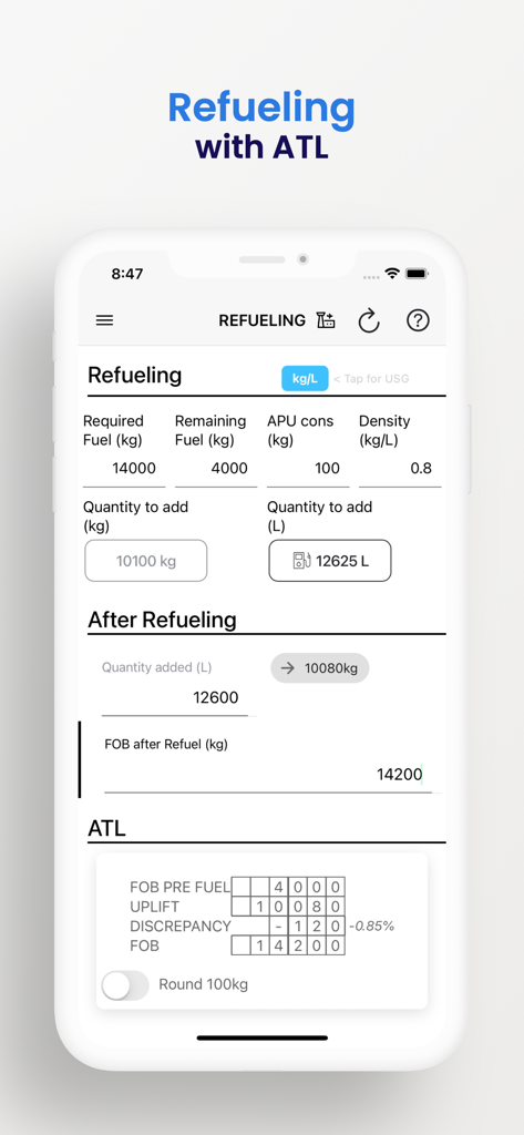 Pilot Tools - Interfaz de la calculadora de repostaje de aeronaves en la aplicación Pilot Tools mostrando cálculos de densidad y cantidad de combustible