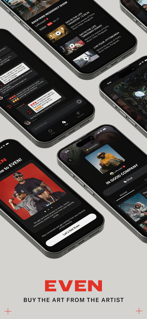 Plusieurs écrans de smartphone affichant l'application musicale EVEN, y compris les discussions entre fans, les profils d'artistes et le contenu exclusif
