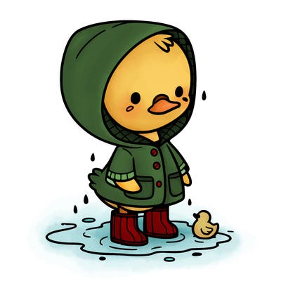 baby duck in a rain coat and boots, in a puddle while it’s raining