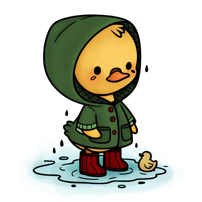 baby duck in a rain coat and boots, in a puddle while it’s raining