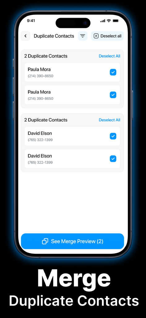 Clean Up Storage－Phone Cleaner - Interfaz de la aplicación Limpia Almacenamiento mostrando una lista de contactos duplicados seleccionados para fusionar.