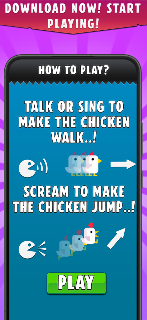 Chicken Scream Challenge Go Up - How to play tutorial showing voice control instructions to make the chicken walk and jump