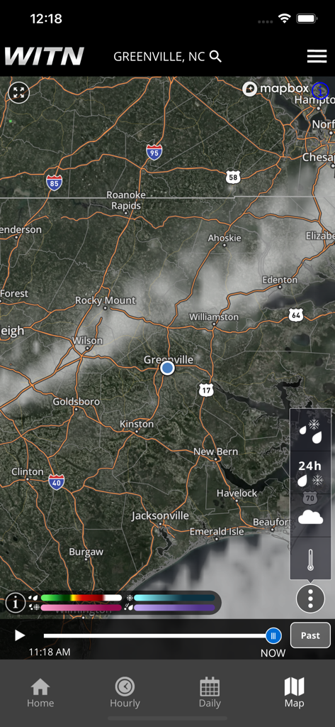 Mapa interativo de radar meteorológico via satélite do leste da Carolina do Norte no WITN Weather App.
