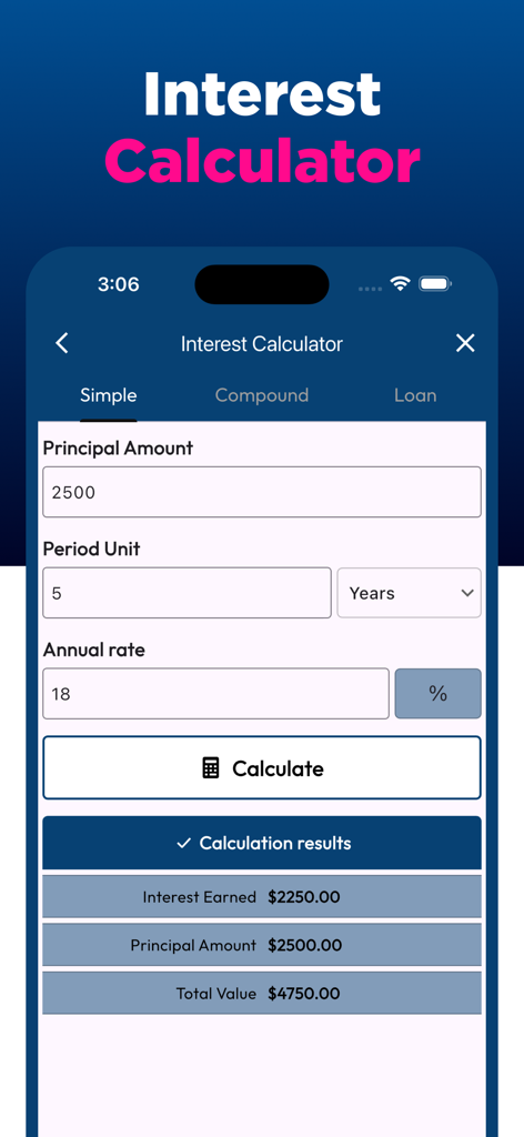 Interest calculator screen in FCalc app showing simple interest calculation results for principal and rate