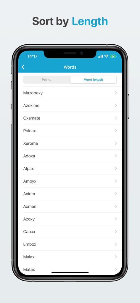 WordFeud Helper app interface showing a list of words sorted by length