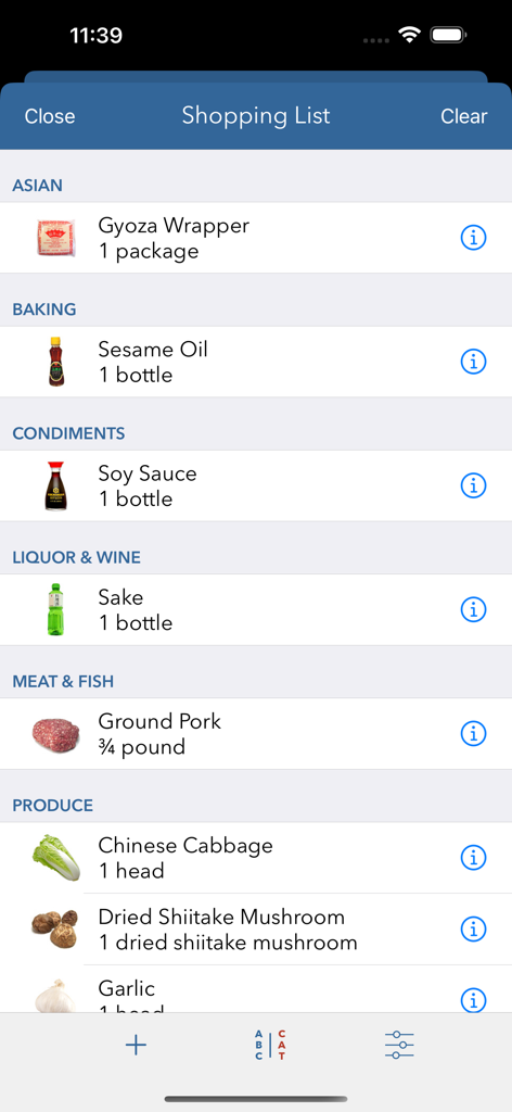 Japan Food Addict - A categorized grocery shopping list in the Japan Food Addict app showing ingredients like gyoza wrappers and sesame oil.