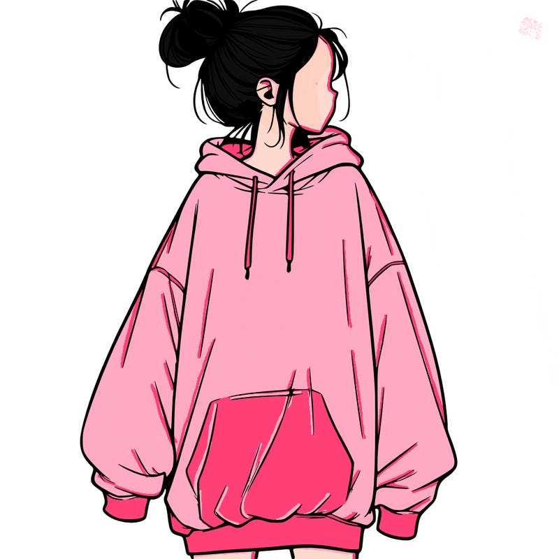 realistic girl with a oversized sweatshirt on and a bun