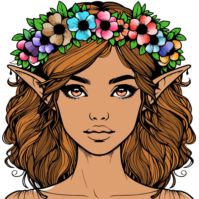 realistic female elf with flower crown