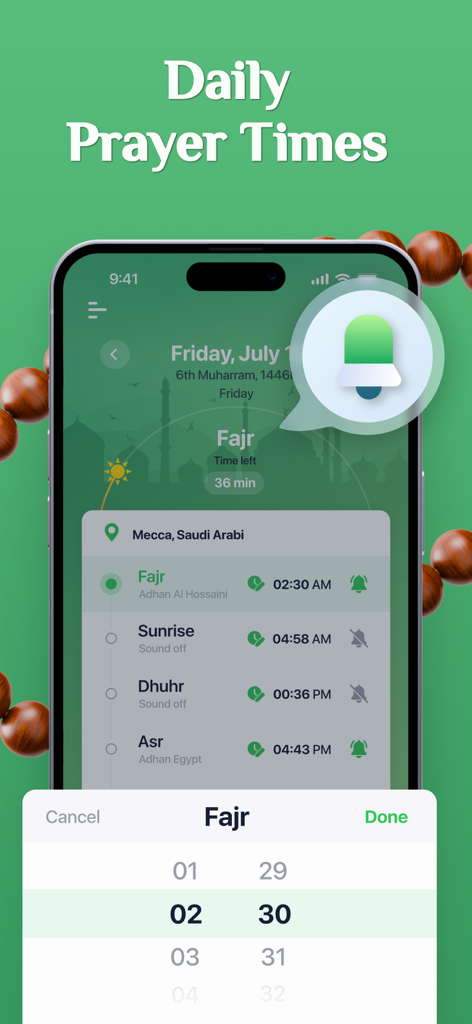 Interface de l'application Athan Pro affichant les horaires de prière quotidiens et les paramètres de notification pour le Fajr