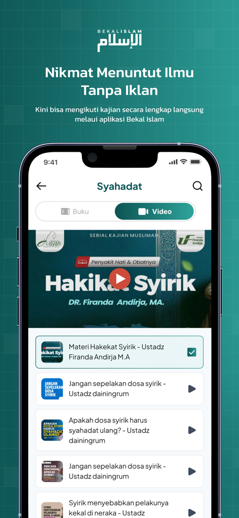 Interface of the Bekal Islam app showing Islamic video lectures on the topic of Syahadat