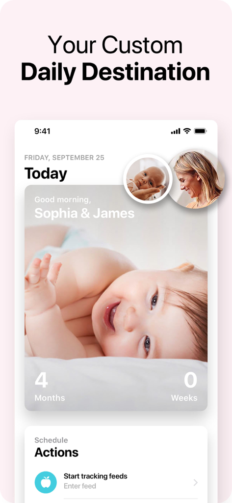 Mobile app screen for Baby Plus showing a personalized daily dashboard for baby tracking and milestones