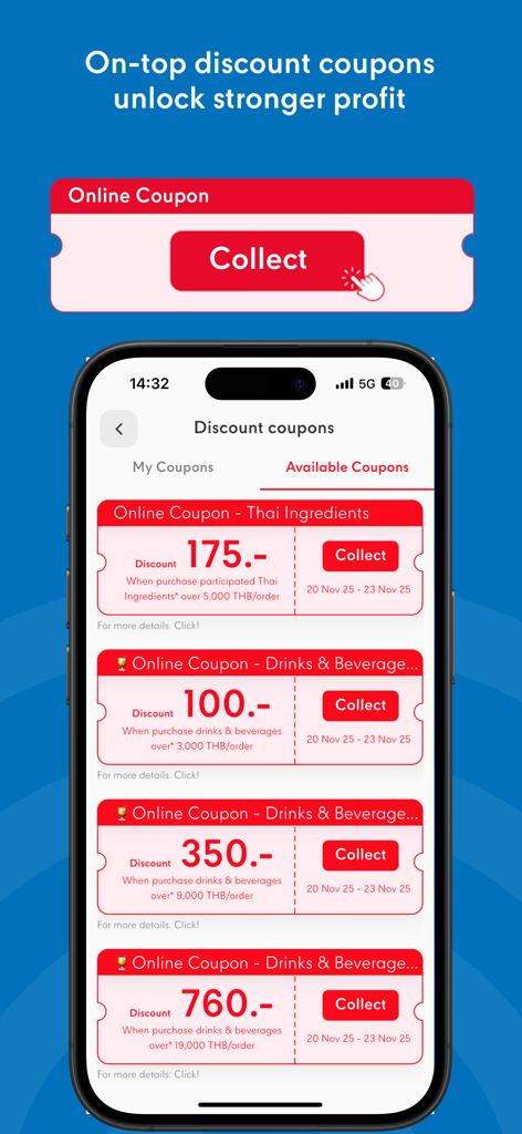 Go Wholesale app screen showing available online discount coupons for bulk purchases on Thai ingredients and beverages
