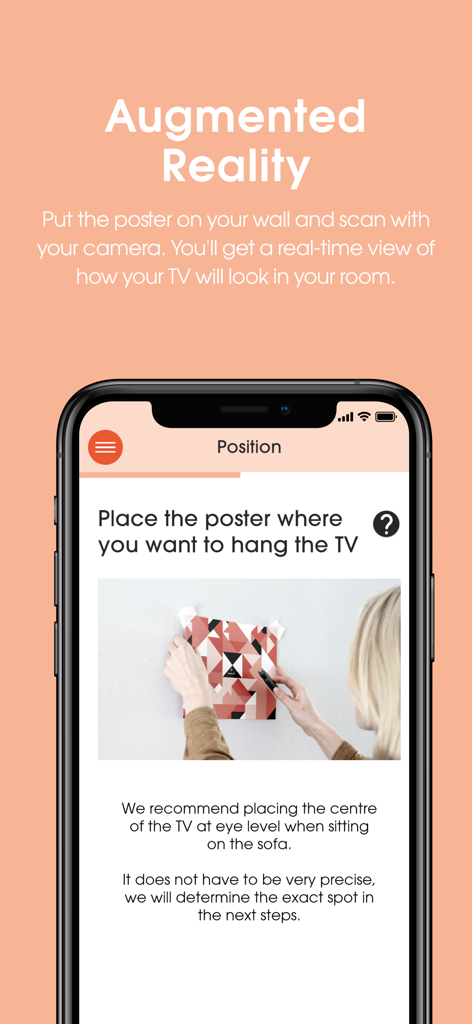 DrillRight - DrillRight app screen showing augmented reality instructions for placing a TV mount poster on a wall