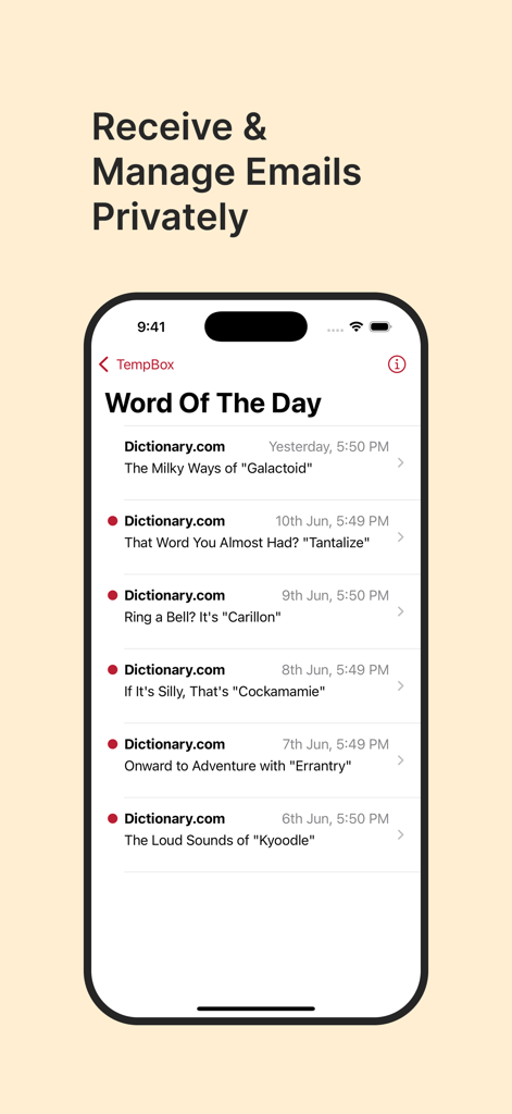 TempBox - Temp Mail - A mobile interface of TempBox app displaying a list of temporary emails under the headline Receive and Manage Emails Privately