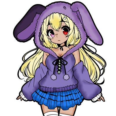 pretty anime girl wearing a fluffy hoodie with bunny ears on the hood and a skirt