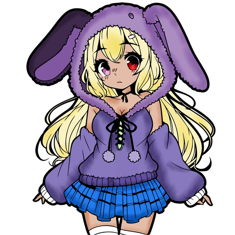pretty anime girl wearing a fluffy hoodie with bunny ears on the hood and a skirt