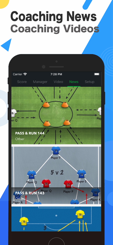 CoachBook - FanBook Football - Smartphone screen showing football coaching news and tactical drill diagrams for passing and movement on the CoachBook app