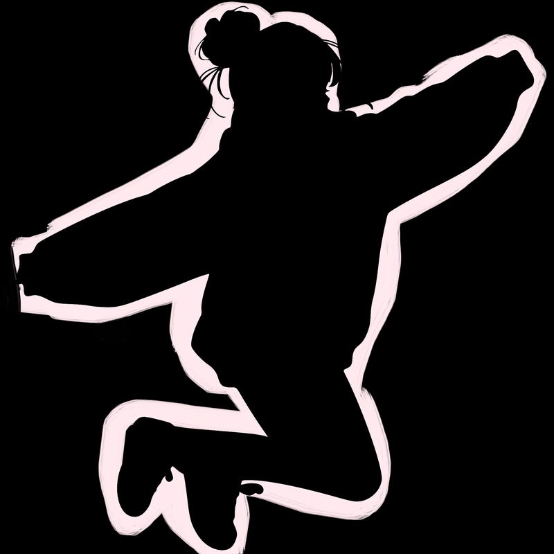 realistic girl jumping with a bun and oversized sweatshirt