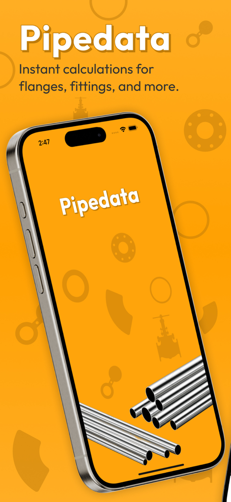 Pipe Data - Tela inicial do aplicativo Pipedata em um iPhone mostrando opções de cálculo de componentes de tubulação