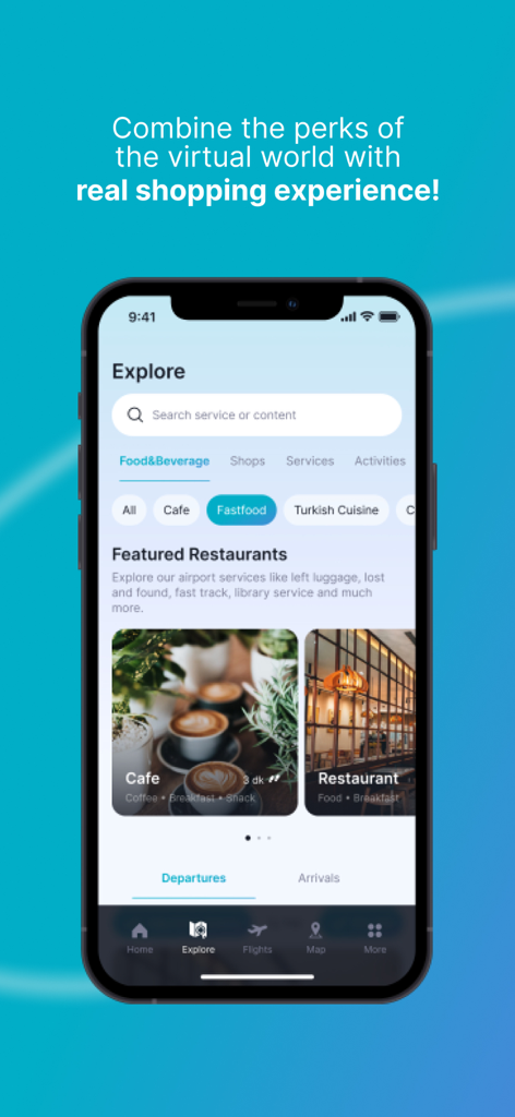 Istanbul Airport - Istanbul Airport app explore screen showing featured restaurants and cafes.