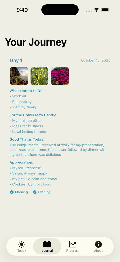 30thirty - A daily entry in the 30thirty app journal showing manifestation goals and reflections