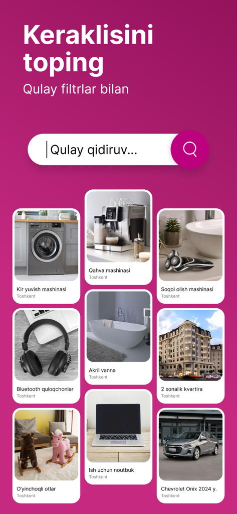 BirBir: soting va sotib oling - BirBir app search interface showing product categories including electronics home appliances and real estate in Uzbekistan