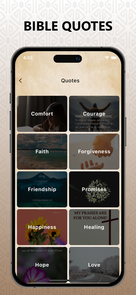 Catecismo Iglesia Católica Pro - Interface of a Catholic app showing themed categories for Bible quotes like comfort courage and faith