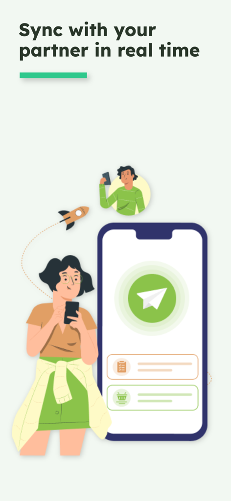 Pantry Check - Illustration showing a woman and her partner syncing household grocery lists and pantry inventory in real time using the app.