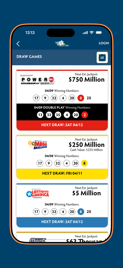 Captura de tela do aplicativo Mississippi Lottery Official mostrando números vencedores e jackpots para Powerball, Mega Millions e Lotto America.