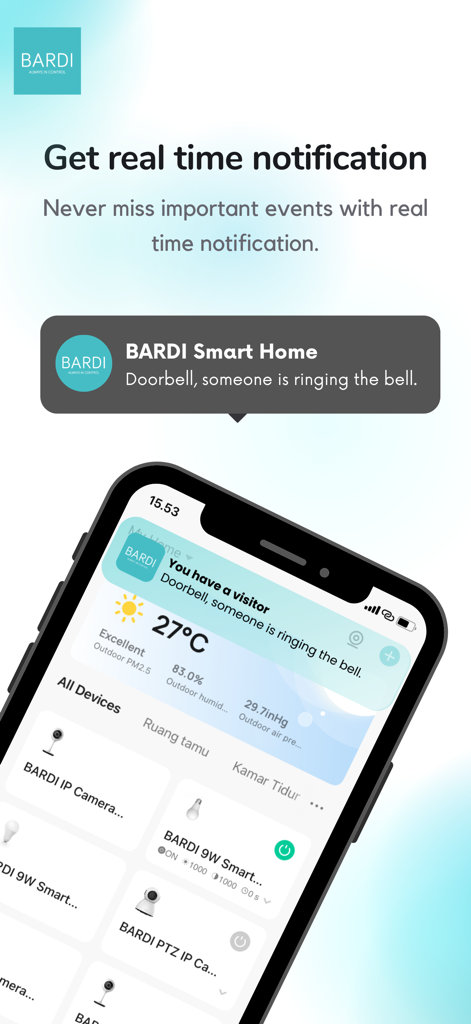 Interface do aplicativo Bardi Smart Home em um iPhone mostrando notificações de campainha em tempo real
