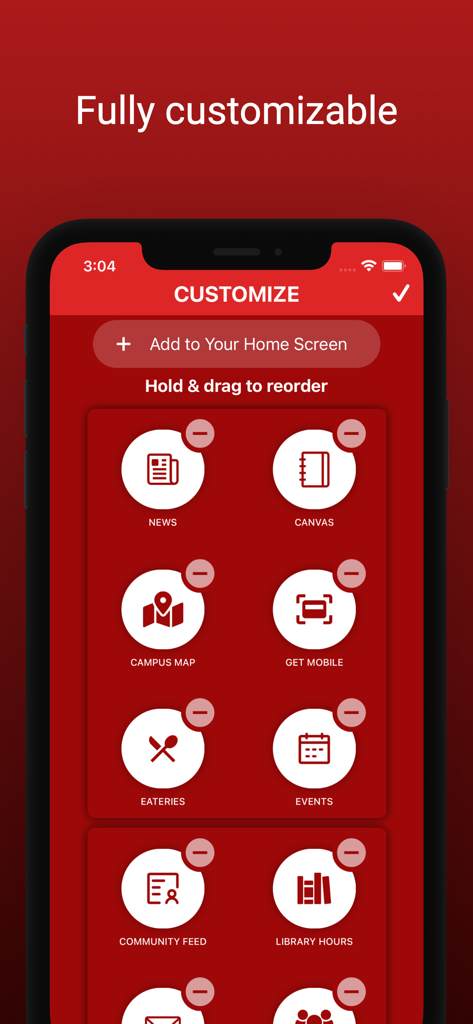 Cornell Student App - Customization screen of the Cornell Student App with options to reorder campus resources like maps and dining.