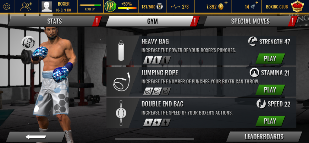 Real Boxing 2 - Tela de academia no jogo em Real Boxing 2 mostrando opções para treinar força, resistência e velocidade