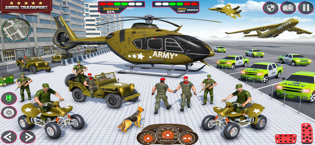 Army Transport Truck Sim 3D - A 3D simulation scene featuring an army helicopter military vehicles and soldiers
